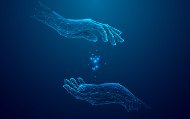 two digital hands holding something. blue low poly wireframe illustration on dark blue background. t