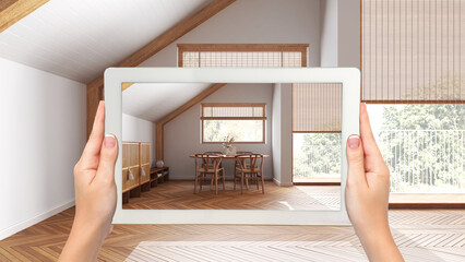 Wall Mural - augmented reality concept. hand holding tablet with ar application used to simulate furniture and de