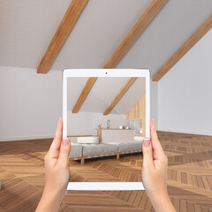 Wall Mural - augmented reality concept. hand holding tablet with ar application used to simulate furniture and de