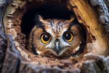 Owl Looking Out Of The Hole Of A Tree