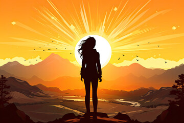 silhouette of woman watching sunrise. Dawning of a new day concept