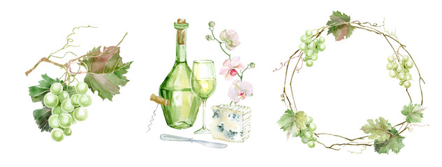 Watercolor wine set with grape and corkscrew, bottle of white wine with wine glass and grapes, watercolor Green Grapes, For cafe menu design, posters, restaurant decoration,