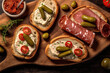 Opened sandwiches with cream cheese, pickles and salami. Flat lay, top view. Generative Ai