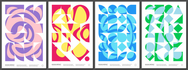 Abstract geometric bauhaus artworks. Brutalist style simple shapes and flowing liquid combination poster set. Memphis pattern background collection. Retro modern trendy graphic paintings. Art prints
