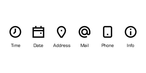 Poster - time, date, address, mail, phone and info vector line icons.