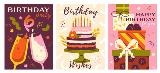 Birthday card set. Congratulatory posters with cake and candles, gifts and confetti, champagne and glasses. Holiday invitations for birthday party. Cartoon flat vector isolated on white background