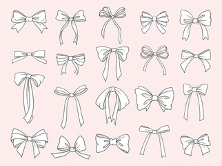 set of bows. outline icons with elegant ribbons and ties. stickers with symbol wedding celebration a