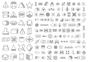 Wall Mural - geometric shapes set. outline isometric figures and abstract patterns, triangles and squares, lines 