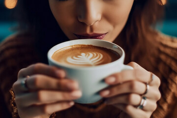 Closeup person, hands and drinking coffee in cafe, restaurant and local small business for break, rest or weekend. Ai generated, warm and hot cup with cappuccino, flat white or service industry drink