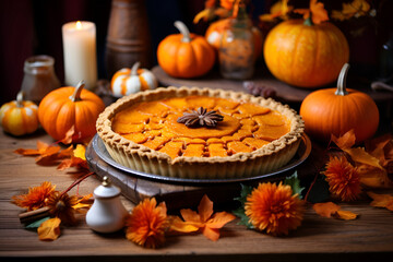 Traditional American pumpkin pie with cinnamon and mint. Thanksgiving concept. AI generation