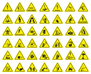 High voltage sign. Triangular yellow electrical hazard signs. Vector illustration.
