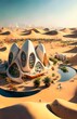 Futuristic selfsustaining urbanistic village with many houses and a central square located in a desert oasis giant and epic dune mountains futurism futuristic architecture sustainable architecture 