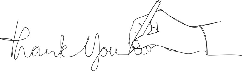 Wall Mural - continuous single line drawing of hand with pen writing words THANK YOU, line art vector illustration