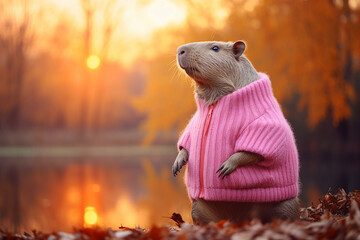 Generated template collage of cute sweet hamster guinea pig over autumn park scenery on early morning