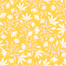 Vector Yellow Seamless Pattern With Flowers And Leaves
