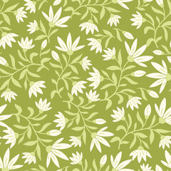 Wall Mural - Vector seamless pattern with white flowers and green leaves