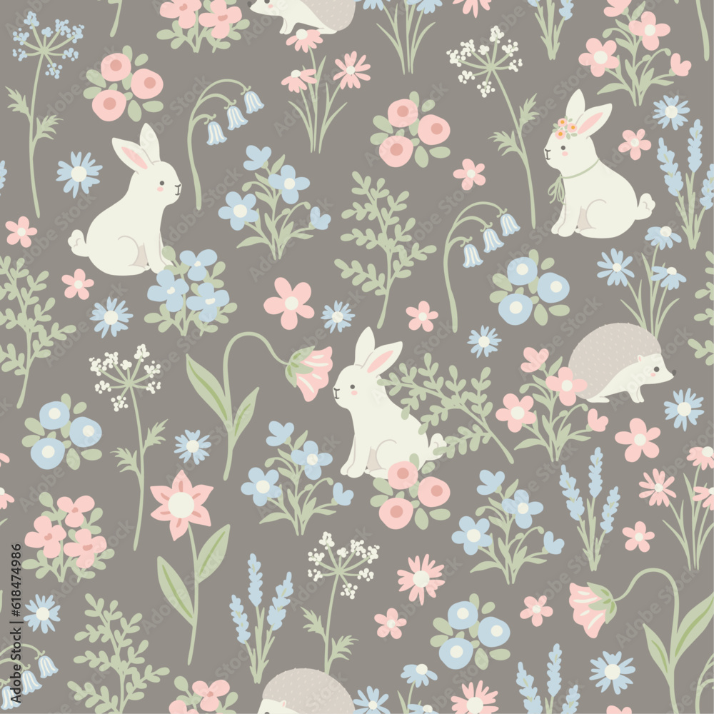 Vector seamless pattern with cute rabbits and hedgehogs and flowers ...