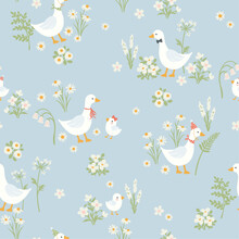 Vector Blue Seamless Pattern With Domestic Birds