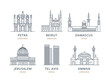 Сollection of Middle Eastern city icons with urban landmarks. Linear illustrations of modern city symbols by Amman, Petra, Damascus, Beirut, Jerusalem, Tel Aviv. Architectural vectors on white backgro
