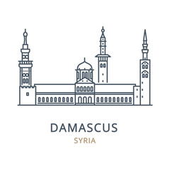 Wall Mural - Vector icon of the city landmark of Damascus in the country of Syria. Linear illustration of the famous landmark on a white background. Cityscape icons of the famous, modern city symbol. 