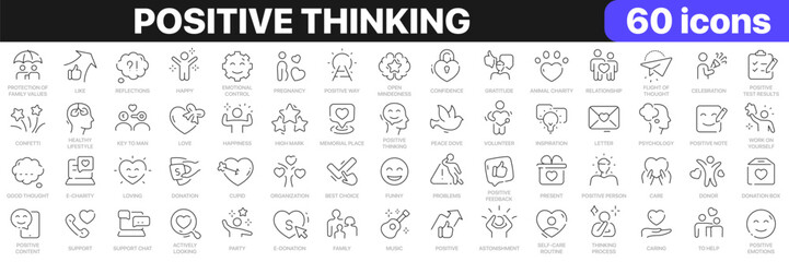 positive thinking line icons collection. psychology, charity, family, happy, peace icons. ui icon se