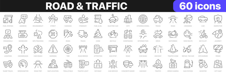 Poster - Road and traffic line icons collection. Street, transport, fuel, vehicle, location, car service icons. UI icon set. Thin outline icons pack. Vector illustration EPS10
