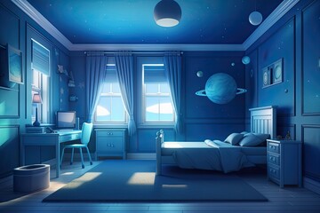 Illustration of a vivid blue children's bedroom. Illustration of the idea for a boy's room with a space theme in terms of interior design. Generative AI