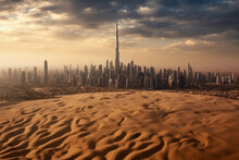 Aerial View Of Dubai Desert With Skyline At The Background