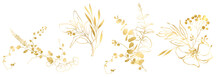 Hand Drawn Linear Gold Christmas Plants. Botanical Line Art Silhouette Golden Leaves, Golden Linear Floral Leaves Set.  Illustration In Linear Style, Graphic Clipart For Wedding Invitation