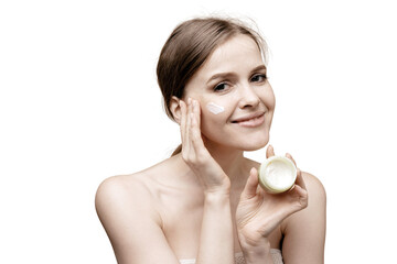 Woman cream spa clean skin portrait, looking at the camera.   transparent background, png.