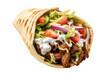 Delicious gyros fast food in flatbread, lettuce, tomatoes, onions, rolled, isolated, generative ai
