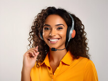 A Woman With A Call Center Headset Smiling And Wearing A Black Shirt, White Background Generative AI