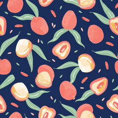 Wall Mural - Seamless pattern of red lychee on a blue background. Colorful Vegan food vector illustration for kitchen, wallpaper, textile, fabric, paper