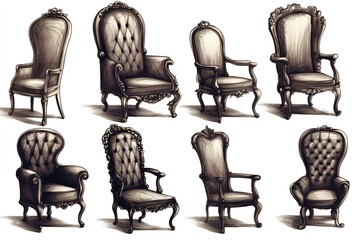 Poster - drawing of chair sets isolated on white background. Generated by AI.