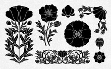 Floral Poppy Plant In Art Nouveau 1920-1930. Hand Drawn In A Linear Style With Weaves Of Lines, Leaves And Flowers.
