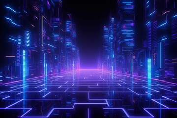 Cyberpunk reverie: Sci-fi inspired abstract with mesmerizing blue and purple neon light shapes on a black background and reflective concrete, with room for text Generative AI