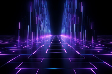 Cyberpunk reverie: Sci-fi inspired abstract with mesmerizing blue and purple neon light shapes on a black background and reflective concrete, with room for text Generative AI