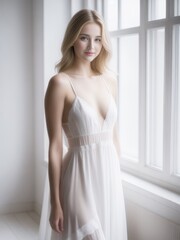 Wall Mural - beautiful woman looking out of window. she weared in white white negligee. generative ai