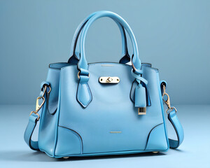 Beautiful trendy smooth youth women's handbag in gentle blue color on a light blue studio background.