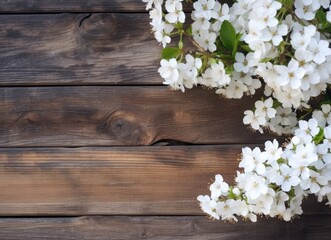  Blossom cherry on wood background. Generative AI.