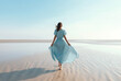 © Irina Bort - Young woman in turqoise dress running on beach in sunrise. Generative AI