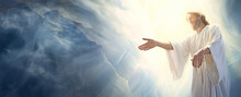 Jesus Christ With Arms Out With Divine Light From Above, Banner Background With Sky And Heavenly Serenity