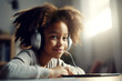 © ZaStock - african american girl enjoy home schooling sitting at table with laptop using headset. generative AI