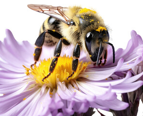 Wall Mural - Bee covered with pollen sitting on violet flower blossom isolated on white background as transparent PNG, generative AI animal