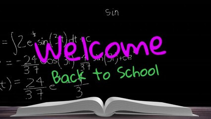 Wall Mural - Animation of back to school text over book and mathematical equations