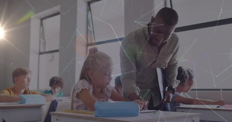 Poster - Animation of networks over happy african american male teacher and schoolgirl at desk in class