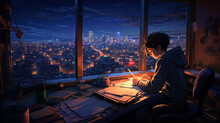 Cool Lofi Boy Studying At Her Desk Rainy Or Cloudy Outside Beautiful Chill Atmospheric Wallpaper 4K Streaming Background Lofi Hiphop Style Anime Manga Style