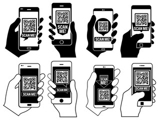 Poster - Set vector Scan me icon symbol. Holding smartphone with QR code Barcode design illustration