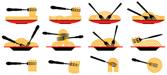 Wall Mural - Set Spaghetti icon. spaghetti, italian, logo, noodle, restaurant, pasta, dinner, icon, brand, identity, eat, food, delicious, delivery, meal, company, business, symbol, design, silhouette, vector