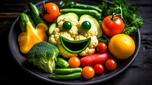 A Plate Of Vegetables Arranged To Look Like A Funny Face. AI Generated